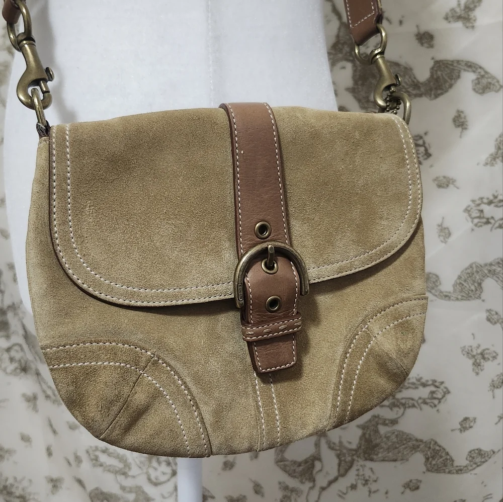 Vintage y2k Coach Tan and brown suede crossbody bag - Picture 1 of 11